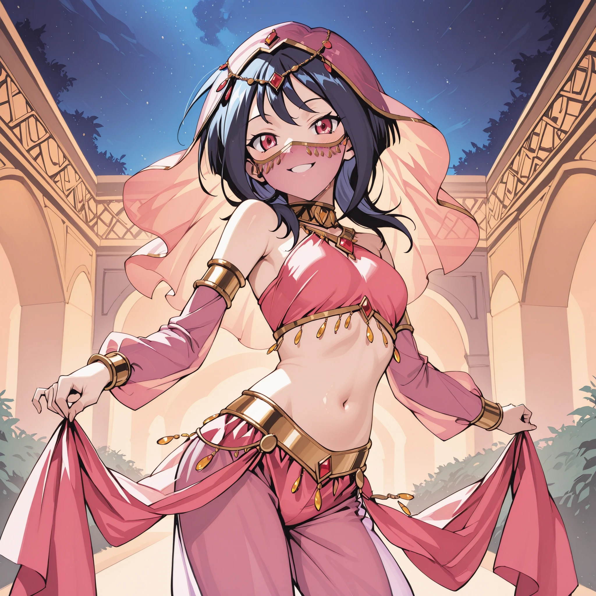 1girl:1 . 5) , (Seul:1 . 5) , score_9 , score_8_haut , score_7_haut , source_anime , Official work , ultra-detailed , masterpiece , best quality plaid shorts , high res , beaux yeux , detailed eyes , Detailed Face , beautiful detailed eyes ,Cardfight Vanguard, Anjou Tokoha , Arabian Clothes , Arabian Dancer ,belly dancer costume , face veil, veil , golden jewelery,harem outfit, harem skirt, harem pants, Transparent pants, belly dancing, harem veil , night , arabian garden , seductive smile, dancing with veil, dynamic movement, sexy pose