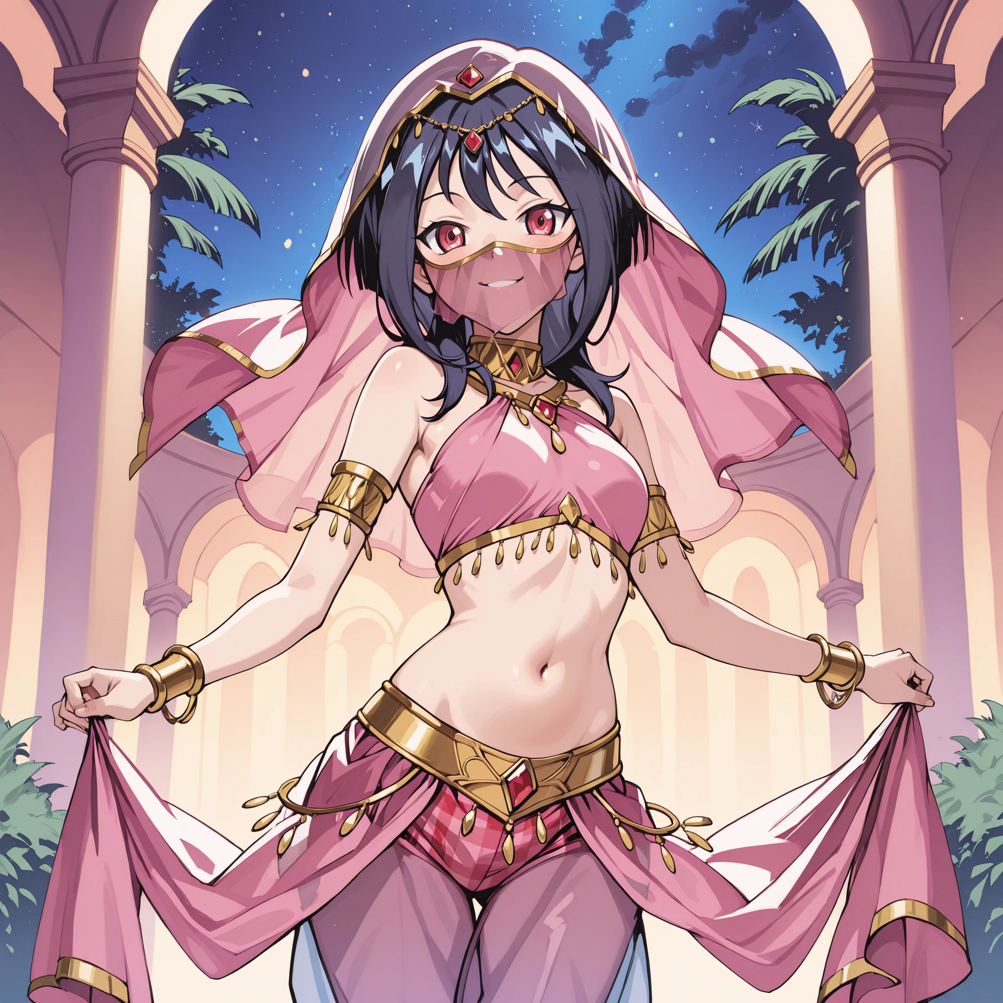 1girl:1 . 5) , (Seul:1 . 5) , score_9 , score_8_haut , score_7_haut , source_anime , Official work , ultra-detailed , masterpiece , best quality plaid shorts , high res , beaux yeux , detailed eyes , Detailed Face , beautiful detailed eyes ,Cardfight Vanguard, Anjou Tokoha , Arabian Clothes , Arabian Dancer ,belly dancer costume , face veil, veil , golden jewelery,harem outfit, harem skirt, harem pants, Transparent pants, belly dancing, harem veil , night , arabian garden , seductive smile, dancing with veil, dynamic movement, sexy pose