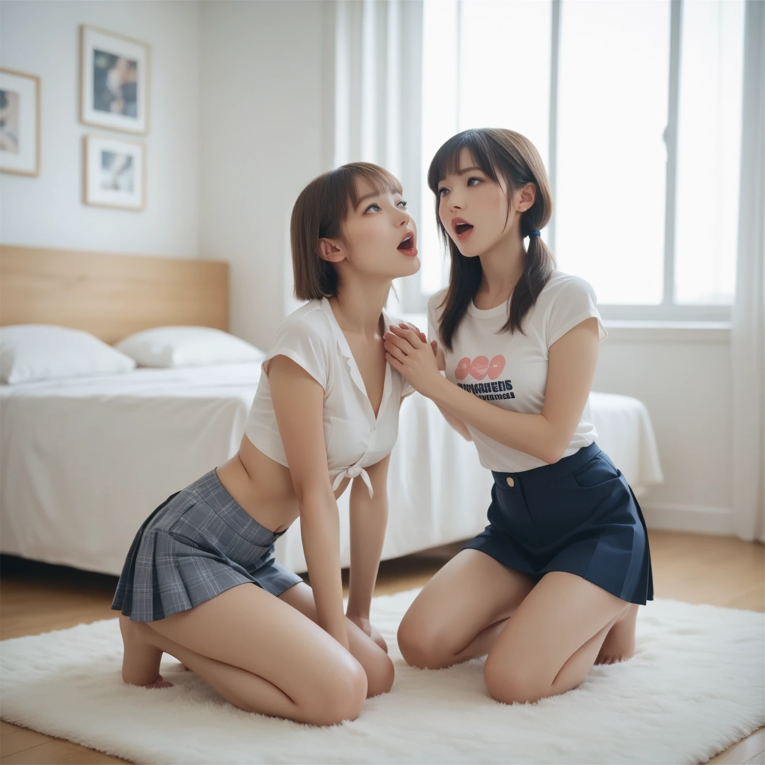 ((2 Married Women , Yuri)) ,nsfw , bedroom ,night , 4k , best quality , black long hair and brown short hair ,flat breast and huge breast , short shorts and miniskirt ,