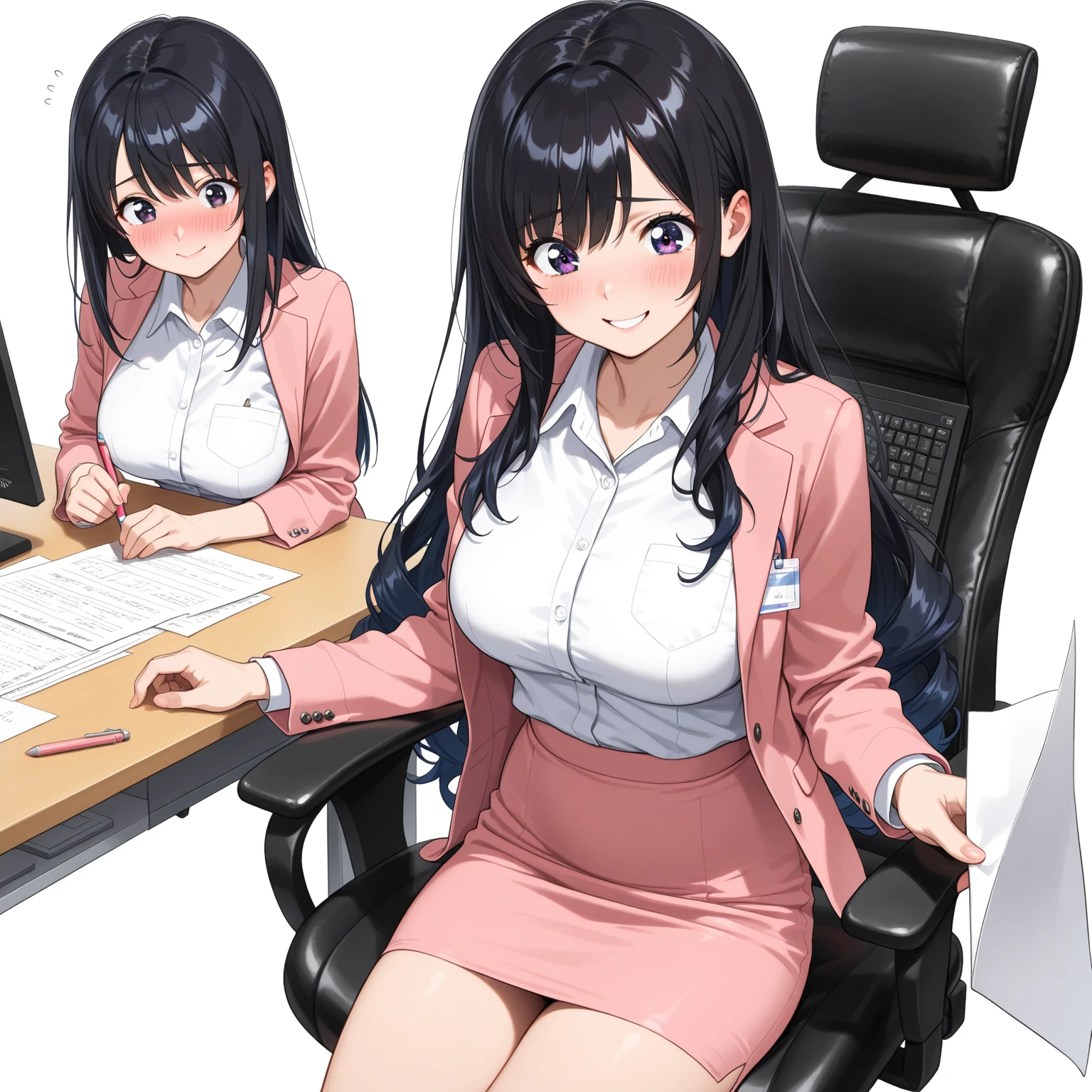 (masterpiece), best quality, (16k), expressive eyes, perfect face, BREAK, office lady, 4 girls, large breast, navel, BREAK, (pink strapless tube top), (((pink solid pencil mini skirt))), bare arms, bare legs, shiny skin, wet body, BREAK, black hair, straight long hair, wet hair, brown eyes, slim, standing, smile, :D, (cowboy shot), from front, BREAK, indoors, in the office room, BREAK, 