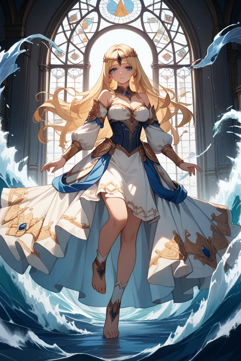 (Masterpiece, Top Quality, Best Quality, Official Art, Beauty and Aesthetics: 1.2), (2girl: 1.3), (Fractal Art: 1.3), Big Breasts, Big Waves with Long Blonde Hair, Blue Eyes, Hip Wrapped Skirt, Full Body, Slender Legs, High Heels. Ice blue cave