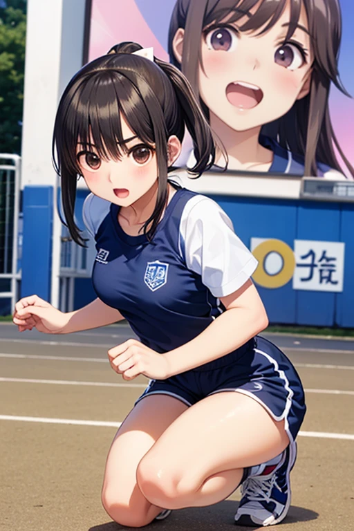 Top quality, masterpiece, 1 girl, black hair, bob cut, track and field uniform, crouching start, front position, face zoomed in, spirited expression