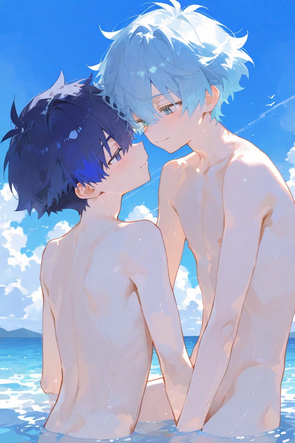 score_9, score_8_up, score_7_up, source_anime, 2boys, bulge, femboy, 2 twinks, fate, small erection bulge, shota, teen, young, very young, presenting, ((shota)), grinning, feminine, girly hips, slender waist, girly, small penis, small balls, midriff, bikini top, soft and feminine body, smooth flat chest, slender, cute, hourglass figure, otoko no ko, girly, feminine, wet, young, pretty, pert butt, full asscheeks, nudes, buttcheeks, spoken heart, bending forward, pert butt, blush, beach, anal, sex, (sex from behind), (view from side), girly boys, motion lines, anal sex, thrusting, (motion lines), thrusting, ((2 femboys)), (nude), girly hair,