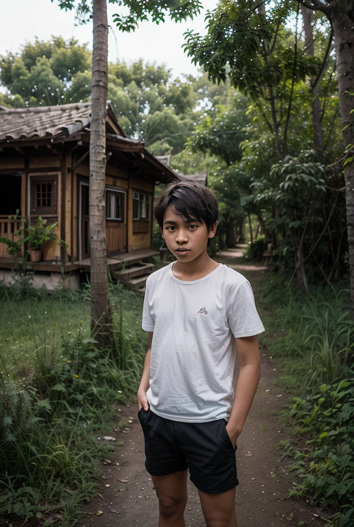 Photorealism 1.4 realistic realism high detailed definition Malaysian orang asli teen native aborigines wearing white shirt short sitting on stairs  bamboo floor bamboo hut leaf roof at the jungle  shirt clothes hanging at back