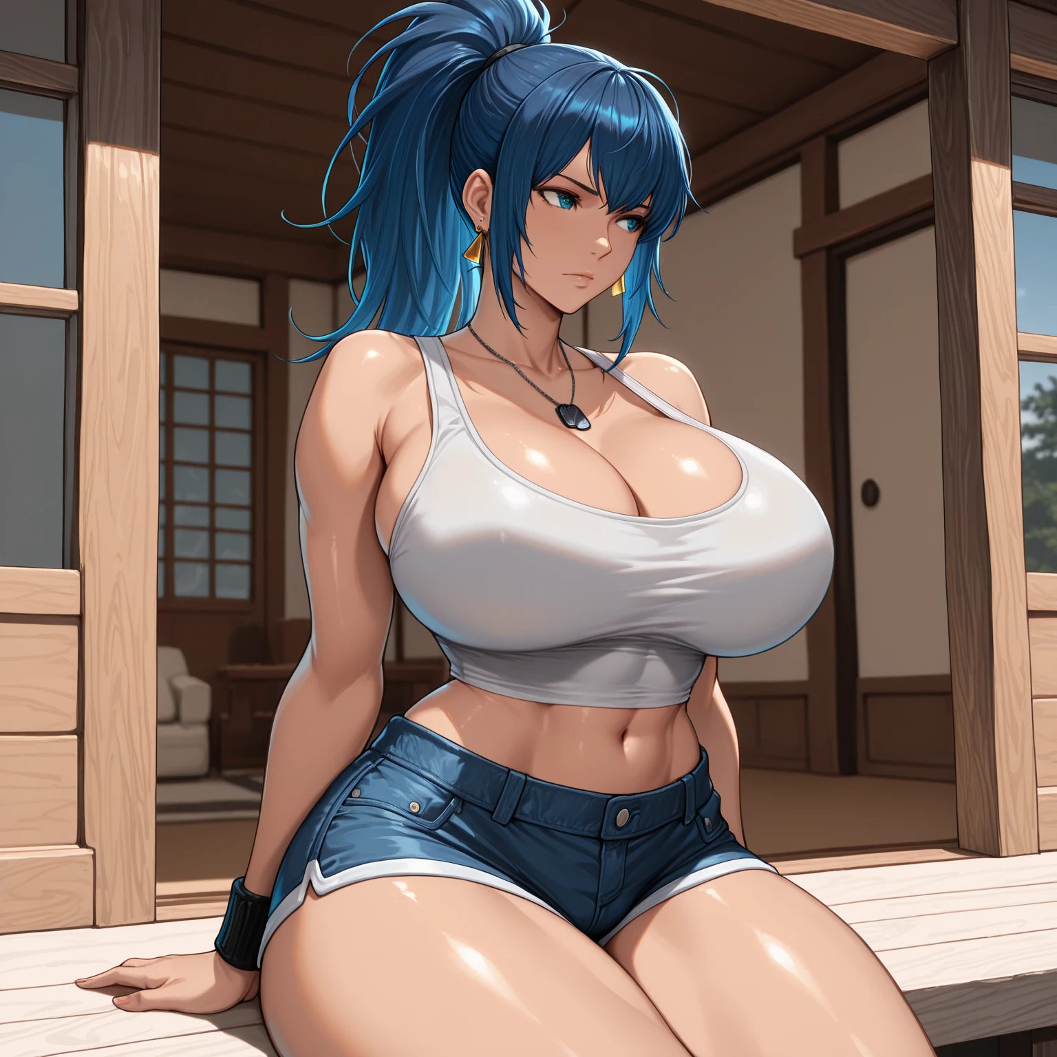 (8k, RAW photo, best quality, masterpiece:1.2), (intricate details), perfect eyes, perfect face, perfect lighting, beautiful, (masterpiece:1.2), (best quality:1.2), 1girl, solo, Marinette, blue hair, (( loosen hair, bangs )), adult torso, 19 years old, smirking, huge sized breasts, ( topless), cowboy shot, 3DMM, seated, front view
