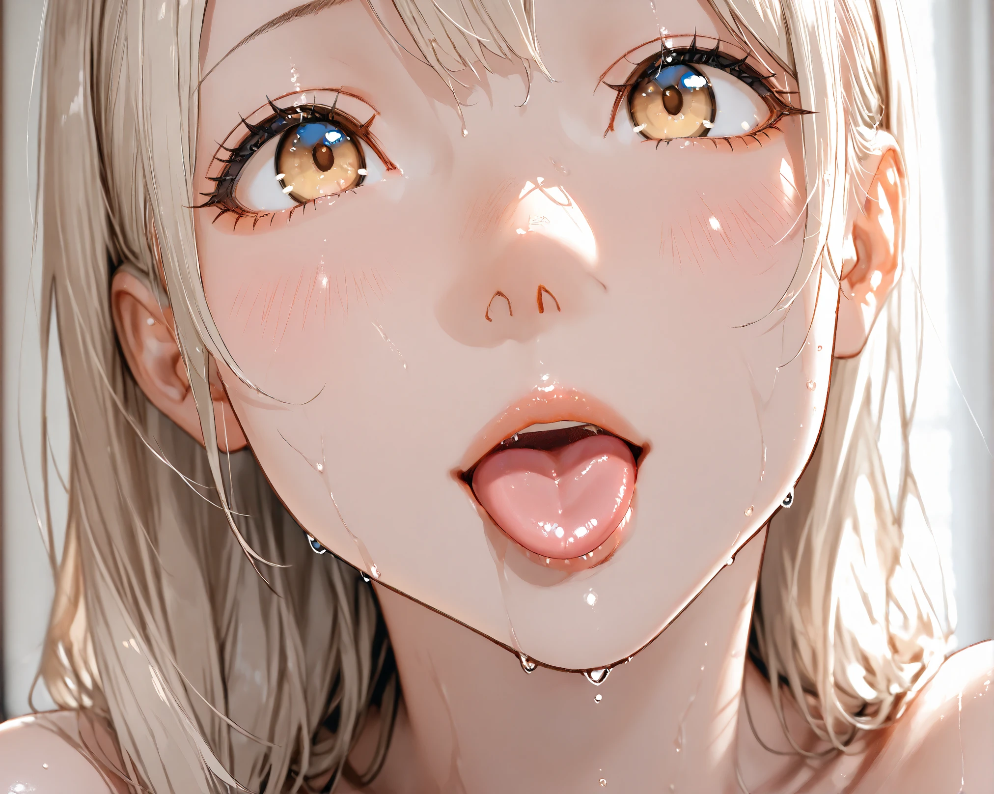 (masterpiece:1.2、Highest quality、masterpiece)、1 female、alone、classroom、Day、stand、blonde、ponytail、blue eyes、(Completely naked:1.4)、(Dark Skin:1.4)、Big Breasts、pantyhose、Earrings、lipstick、Sweaty、Scrunchie、Round 1、blush、(Climb on top of a guy and have sex:1.5)、(Ahegao:1.2)、(tongue:1.2),(Face close-up),(Cum on face and hair:1.2),(Tears of joy:1.4)