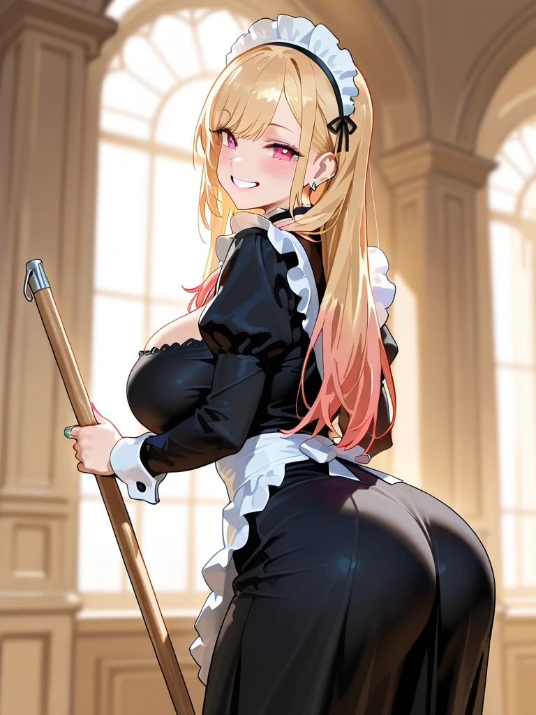(8K ,Hyper-detailing,Ultra photo realsisim,Best Masterpiece,naturey,Movie special effects,Perfect artwork,Perfect female body,Flirtatious,Shoot from behind),a cute young girl,(large tities),Cool maid outfit,black suspenders stockings,Large cleavage,lifting up skirt,Stretch meat,Raised sexy