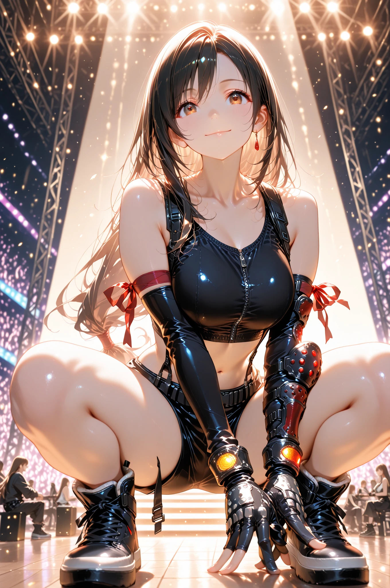 I looked up from my feet to see her wearing a grid girl costume with holes in it.,from below,cameltoe