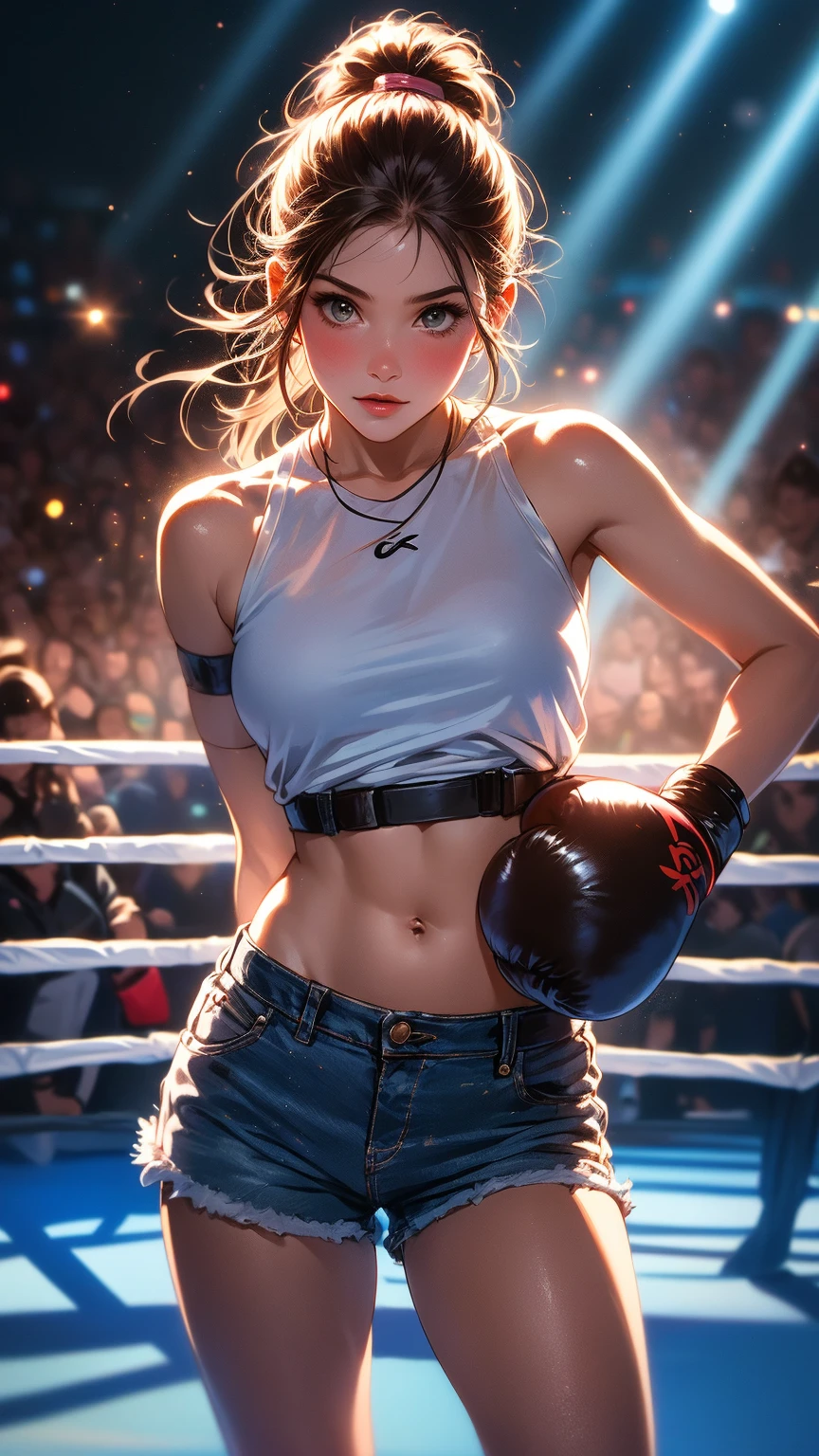 "Ultra high definition, 4K photos, more realistic quality, backlit to highlight the figure of an elegant small breast woman, highlighting her high size and prominence, boxing clothes, punching, brave face, top quality, masterpiece, high_res, 1 girl, beautiful face, (photorealistic photos:1.3), rim lighting, (high detail skin: 1.2), 8K UHD, DSLR, high quality, High Resolution, 4K, 8K, Bokeh, Middle Breast, Absurdity, Ponytail Contortion, Best Ratio 4 Fingers 1 Thumb, (Real: 1.2), Arm Raised, Drenched Shirt, Drenched, Drenched Body, Drenched Shirt