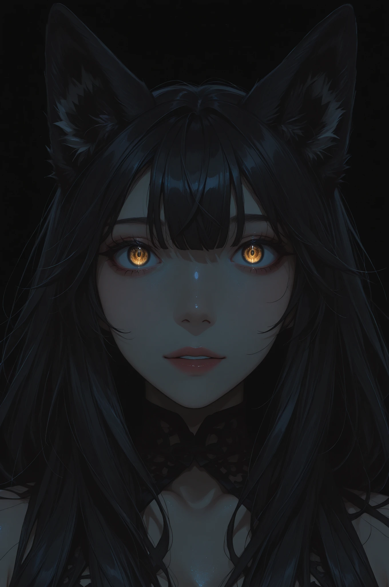 Create ultra-detailed, best quality, High-resolution masterpiece,Depicts a werewolf in the dark,Glowing white eyes and fangs, High quality shadows, lifelike,Background is a dark forest