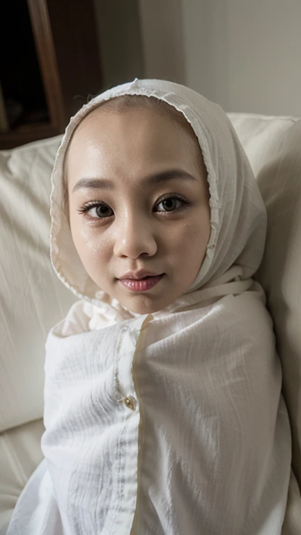 A very sad facial reaction (((HIJAB MALAY GIRL))), masutepiece, High quality, UHD 32K, Realistic face, Realistic skin feeling , A Japanese Lady, 8 years old, , Very cute and baby-like face, (((FLAT CHEST))), (MATRIX WORLD), ((look In front  at the camera and SADNESS)), ((())), (((CUTE GIRL))), ((TRANSPARENT)), ((BLACK LIPS)), ((LIGHT WHITE LACE)), ((TRANSPARENT)), ((CHUBBY)), (undress, SNEAKERS,
