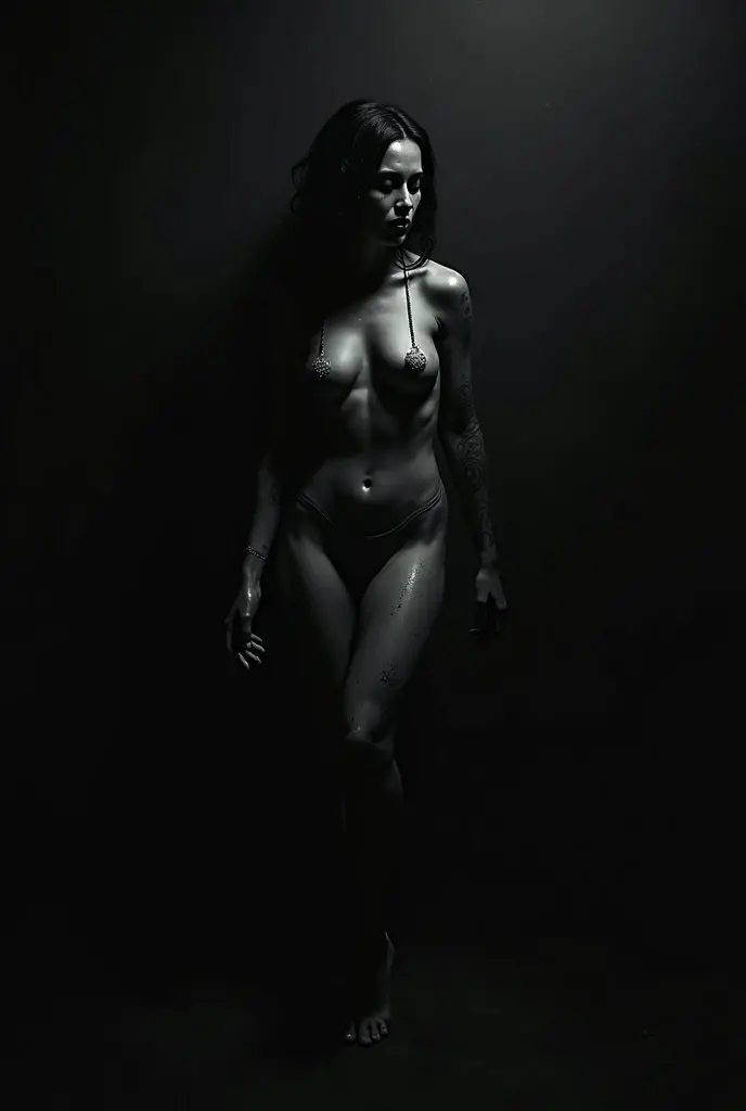 asian girl, naked, her body only partially lit from one side, plain black background, dark room, her body in shade, low lighting, long hair over her nipples, black background, STEAM RISING, STEAM COVERING HER BODY, EROTIC, SENSUAL, SEXY, artistic image, black room, minimal, sensual lighting, black, steam rising, blackness, water vapour background, black and white image, monochrome image, dark, moody, she has many tattoos, sweaty skin, long wet hair, erotic,