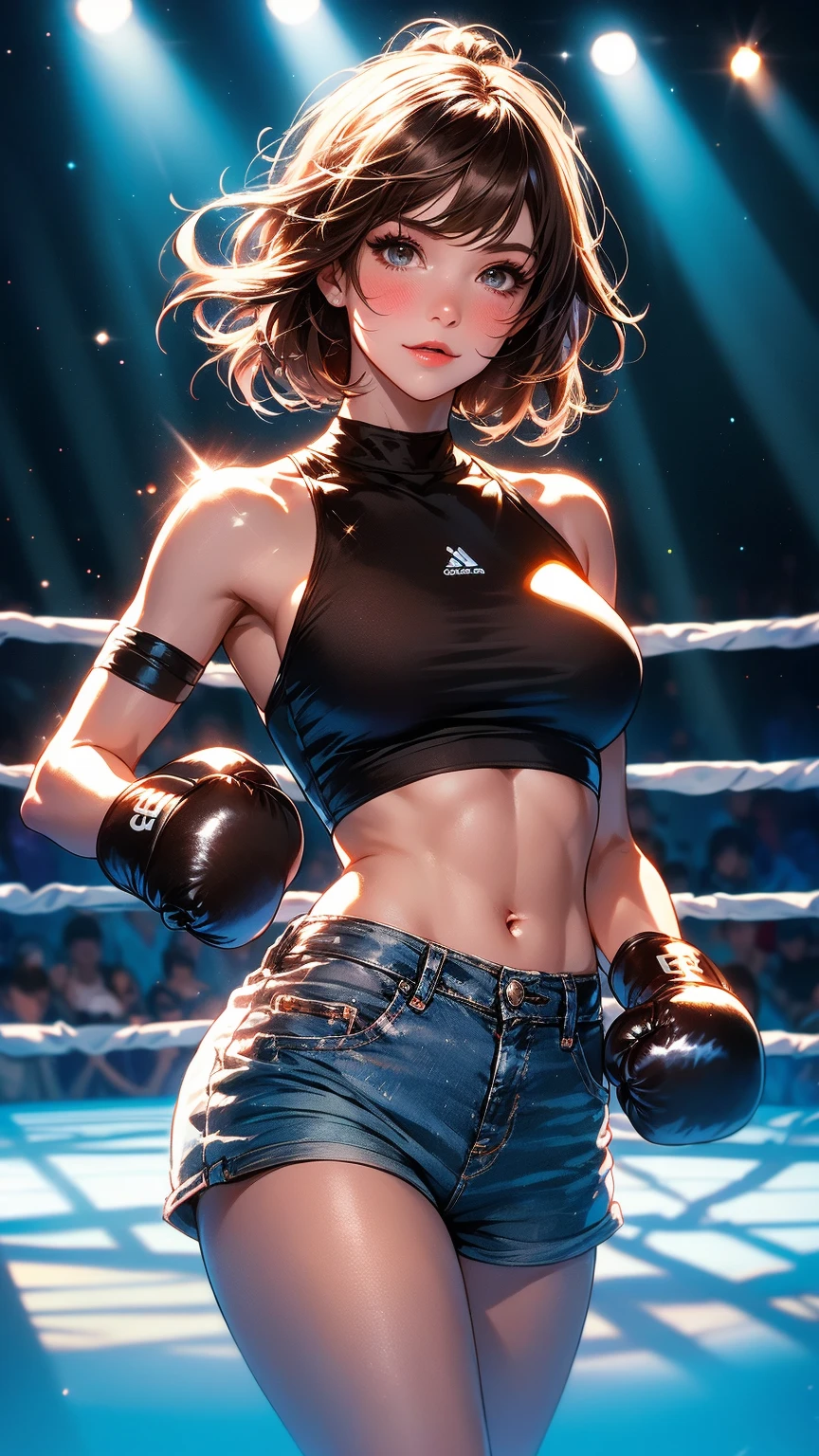 (original) , (very detailed wallpaper) , (best quality) , (masterpiece) , photographic reality, realistic, very detailed illustrations, (1 girl) , beautiful eyes, (delicate face) , perfect detail, (best lighting) , (super complex details) , 
 (boxing girl) , (sexy), sweat, heavy breathing, (oppressive attack) , (boxing ring) , athletic shorts, perfect detail, perfect fingers, perfect limbs, impact, (shiny skin) , abs, muscles, waistline,boxing shorts, fist fight, black hair, high ponytail, very long hair, 
4K unified, (super detailed CG: 1.2) , (8K: 1.2) , realistic, octane rendering