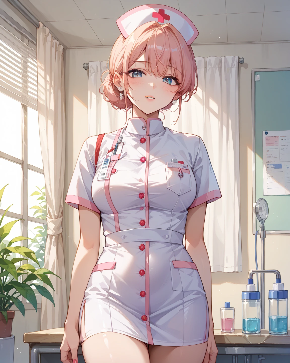 1girl, solo, nurse, nurse cap, white wear, ((white legwear, zettai ryouiki)), white gloves, pink hair, drooping eyes, ((covered nose)), standing, ((hospital room)), sharp outline, short sleeves, best quality, masterpiece,Fleshy,Brown eyes,Fleshy,Black hair,happy,lol,Heart,belt