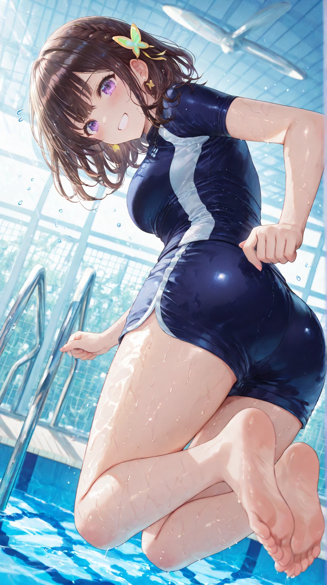 woman,14 years old,pool,noon,(((navy blue school swimsuit))),blush、surprised face,,((turn around and look back))(wet with water)Reflecting the buttocks,big ass