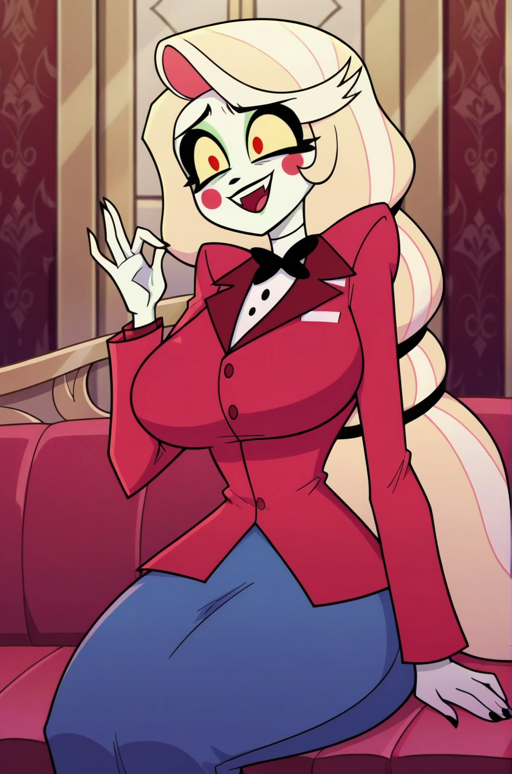 (masterpiece, best quality:1.2), solo, 1girl, charlie morningstar, smile, looking at viewer, sitting in an armrest chair, long hair, red suit, red pants, hotel, (large breasts:1.6)