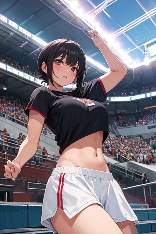 Arafedo Asian cheerleaders making dynamic poses with large pom-poms in both hands at the stadium、Close-up、Cosplay Photo、Anime Cosplay、Small breasts、Raw photo, Highest quality, High resolution, (masterpiece), (Photorealistic:1.4), Professional photography, Sharp focus, Hmph, 8K resolution, Intricate details, Depth of written boundary, Highly detailed CG Unity 8k wallpaper, Front light, With a girl, Beautiful Supermodel, Laughter、Slender、(Beautiful gray twin tail hair:1.3)、Korean style uniform、Peeking from below、(Thin thighs)、I can see your underwear、Wearing a sun visor on the head、