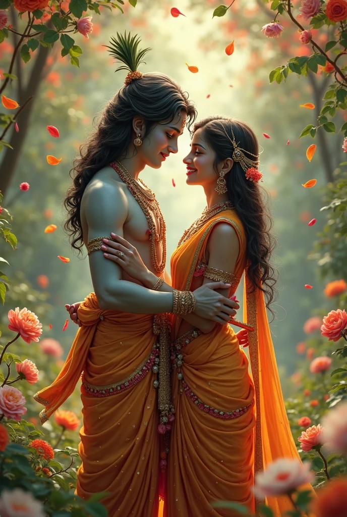 full lenght 4 k In the middle of the garden of love flowers, a beautiful young woman, gentle and sweet, with long black hair flowing, wearing a Thai Dusit dress, a white strapless dress, shimmering in the light, wearing a gold and white pink sarong, a white shawl, is picking jasmine flowers in a small basket. There is a handsome young man wearing a white and gold sari, long black hair tied loosely, sitting beside the young woman. The morning atmosphere is beautiful. The freshness of the green atmosphere of the love flowers section, along a small stream. Oil painting, modern painting, art painting by Professor Chalermchai