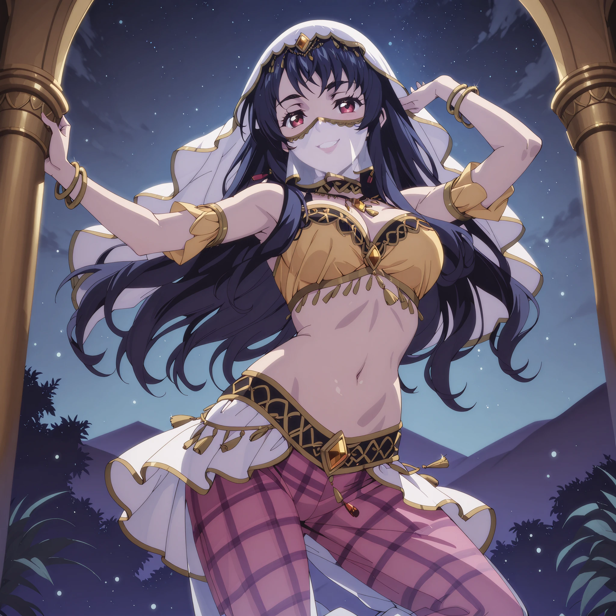 1girl:1 . 5) , (Seul:1 . 5) , score_9 , score_8_haut , score_7_haut , source_anime , Official work , ultra-detailed , masterpiece , best quality plaid shorts , high res , beaux yeux , detailed eyes , Detailed Face , beautiful detailed eyes ,Cardfight Vanguard Divinez, Seto Tmari , Arabian Clothes , Arabian Dancer ,belly dancer costume , face veil, veil , golden jewelery,harem outfit, harem skirt, harem pants, Transparent pants, belly dancing, harem veil , night , arabian garden , seductive smile, dancing with veil, dynamic movement, sexy pose