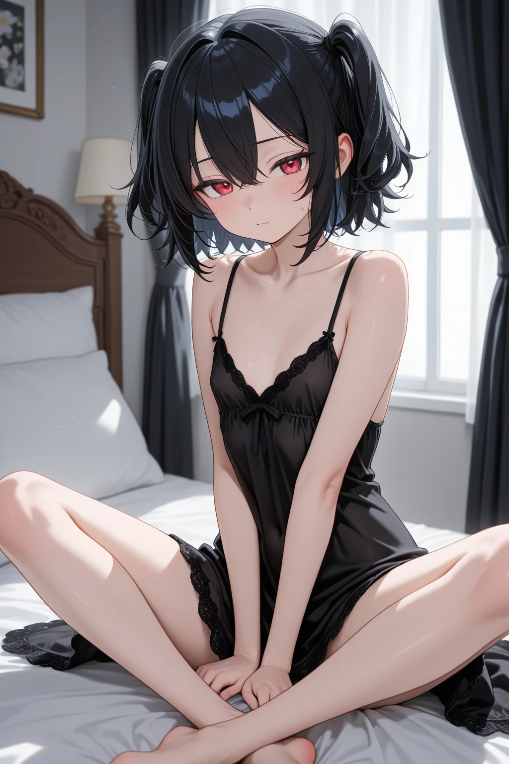 Hands behind back,Tied with hands behind back,lick,from front,front view,looking at viewer, looking ahead,from above,cowboy shot,1girl,Beautiful girl at 13 years old,teenager,Japanese,Slender,,low length,Small breasts,Thin legs,Small Ass,Baby Face,Small face,Black Hair,Short Twin Tails,Gray Eyes,Drooping eyes,slit pupils,narrow eyes.middle School girls,Black collar with black leash,A transparent black and green negligee,lingerie,open mouth,tongue out,front face,Kneeling,Straight Stand,Beautiful and detailed anime art,Mischievous smile,Sexy vibe,cum on tongue,Dimly lit room,On the bed,Simple Background,Gray background,Dim white lighting,