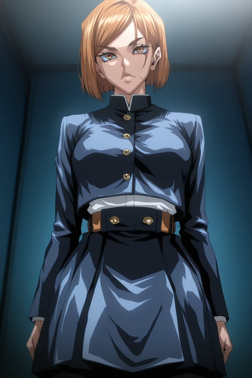 ((Top quality, 8 kilos, Tafah: 1.3, Ultra HD, High quality, Best quality, very accurate, realism)), Intense focus: 1.5, Model Nobara Kugisaki has a muscular body, Orange Eyes, A mole under the outer rim of the eye, Short orange hair, Small breasts, stomach muscles, Biceps, Open shirt buttons show cleavage, Open short skirt, Abs are visible, A sexy and seductive position on the bed, Thighs wide open