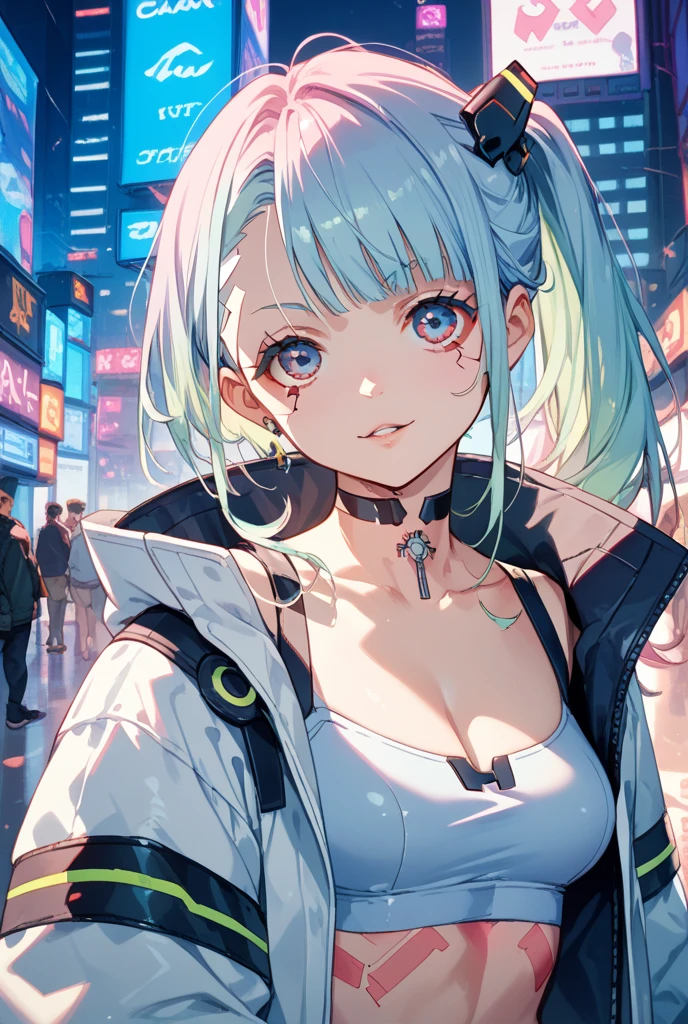((best quality)), ((masterpiece)), (finely detail), anime girl, game_cg, bishoujo, anime style, teenager, 1girl, white hair, long hair, big hair, single braid, ルーズサイドテール, hair over shoulder, hair tie near neck below ears, ((cyberpunk)), green eyes, clenched lips, head tilt, neon light, halo, mechanical wings, white dress, off-shoulder dress, bare shoulders