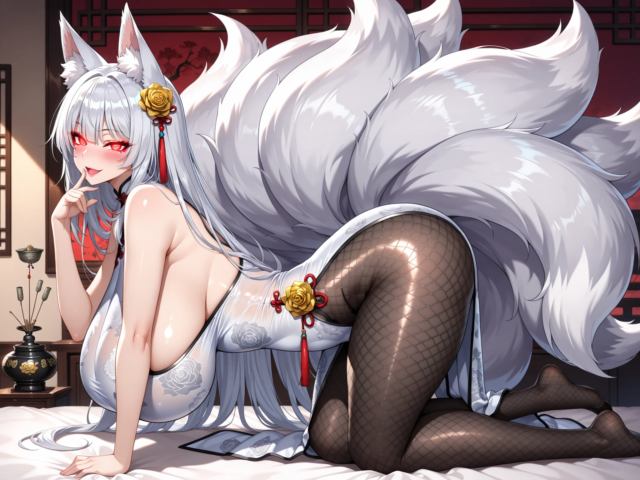 Solo, score_9,score_8_up,score_7_up, acore_6_up, score_5_up,  source_furry, kemono style, ahri from league of legends as an Anthro furry white fox girl, anthro furry fox, white furry body, black ears, indoors, wearing skimpy red string bikini, barefoot, feet paws with 4 toes,  yellow eyes, black animal ears, 6 tails, indoors, sexy pose, indoors in a magical palace, lying on her side, butt focus, on a bed