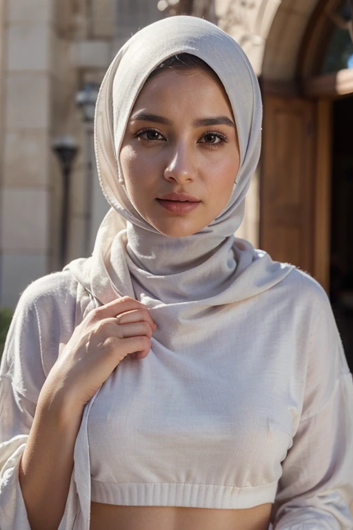 full body photo of a beautiful sundanese mature woman, slim body, face looking to camera, white skin, there is a mole between the eyebrows, wearing hijab, wearing elegant muslim clothes, Background mosque, 46 year old