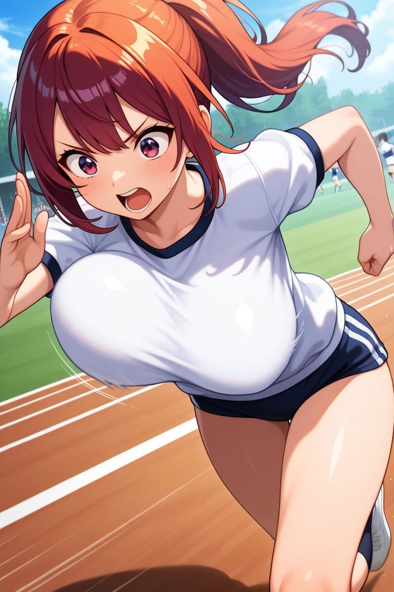1 girl, adult girl, Red рыжие глаза, Short haircut bob, (Red_Red hair) , (Big breasts), wet, dirty feet, ((blush)), (embarrassed),(Looking Back),check_9, check_8_up, check_7_up, check_6_up, anime,((( Naked))),((sprint)),destroyed street in the background, wasteland ,((runs:1.1)),(((chest bouncing in different directions:1.3))), (scream) , ((dynamic frame at speed)) , ((whole body)), (stupid pose) ,((brown breasts)), (all skin is dirty color) , ((chase))