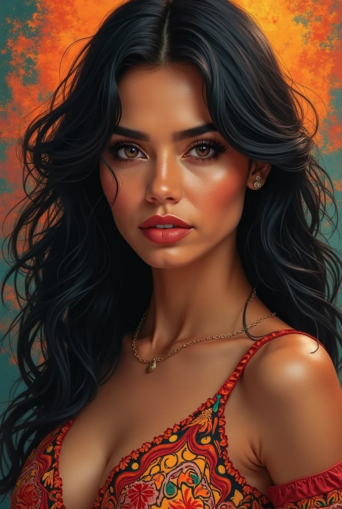 Generates an image of a female Instagram profile picture of approximately  and 1 meter tall,54 with a chompa pluma of splashes