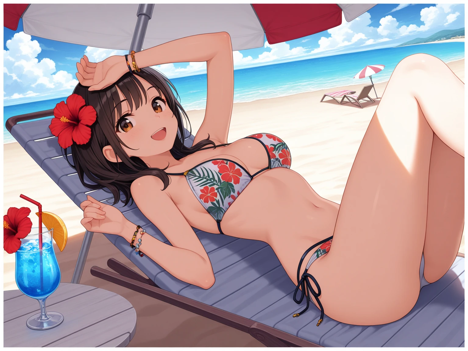 A woman lounging on a vibrant beach towel or hammock under a palm tree. She's wearing a tropical-patterned swimsuit, surrounded by exotic fruits like pineapples and coconuts. The background features a crystal-clear ocean, with lush greenery or a tropical beach hut in view.