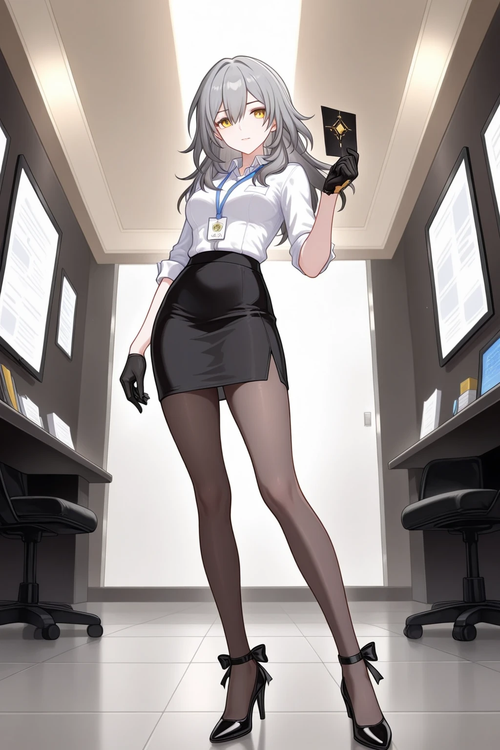 Full body photo of beautiful sexy secretary in very short skirt and seamed stockings, stands_straight, (solo)), adult, office, high heels, craving, strokes_herselfpants, hair tied back, white hair, red eyes, (solo), up, sleeveless