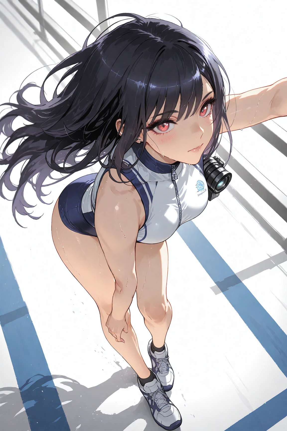 (maximum quality, work of art: 1.2), 1 , comely, cute, comely, styled, sensuous, chic, appealing, sensuous, comely and Well-groomed face, comely eyes, comely hair, soft skin, comely mouth , smooth feet, Balanced Body, fashionable with a change of clothes, mizuki yukikaze, hair ribbon, Competitive swimsuit, Black Themes,grabbing her own breasts,legs that open