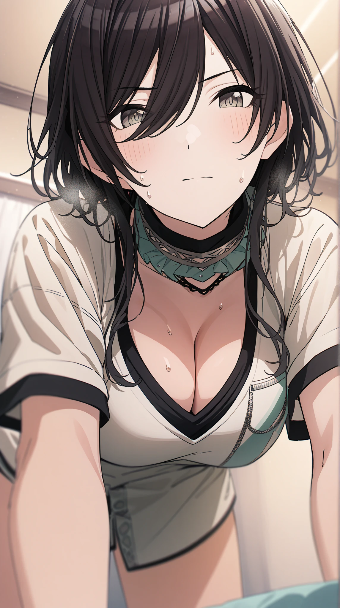 (Hands folded behind your back)、Beautiful breasts、Black Hair、Armpits are visible、Attractive breasts、Beautiful and attractive anime woman, Enchanting anime girl, Top rated on pixiv、Healthy Body、OK、(white)See-through tank top、Yakuza、(All over the body)Tattoo、(Large on the arm)Tattoo、I can see your underwear、Shaving、Slippery、big round earrings、Iris、beautiful girl、、Provocative、Underwear is biting into、The setting sun is shining through the window、Stay in the house、Quiet、Inconspicuous、Nipples、bedroom、Big Breasts、brown、Short Bob、Looking down from above