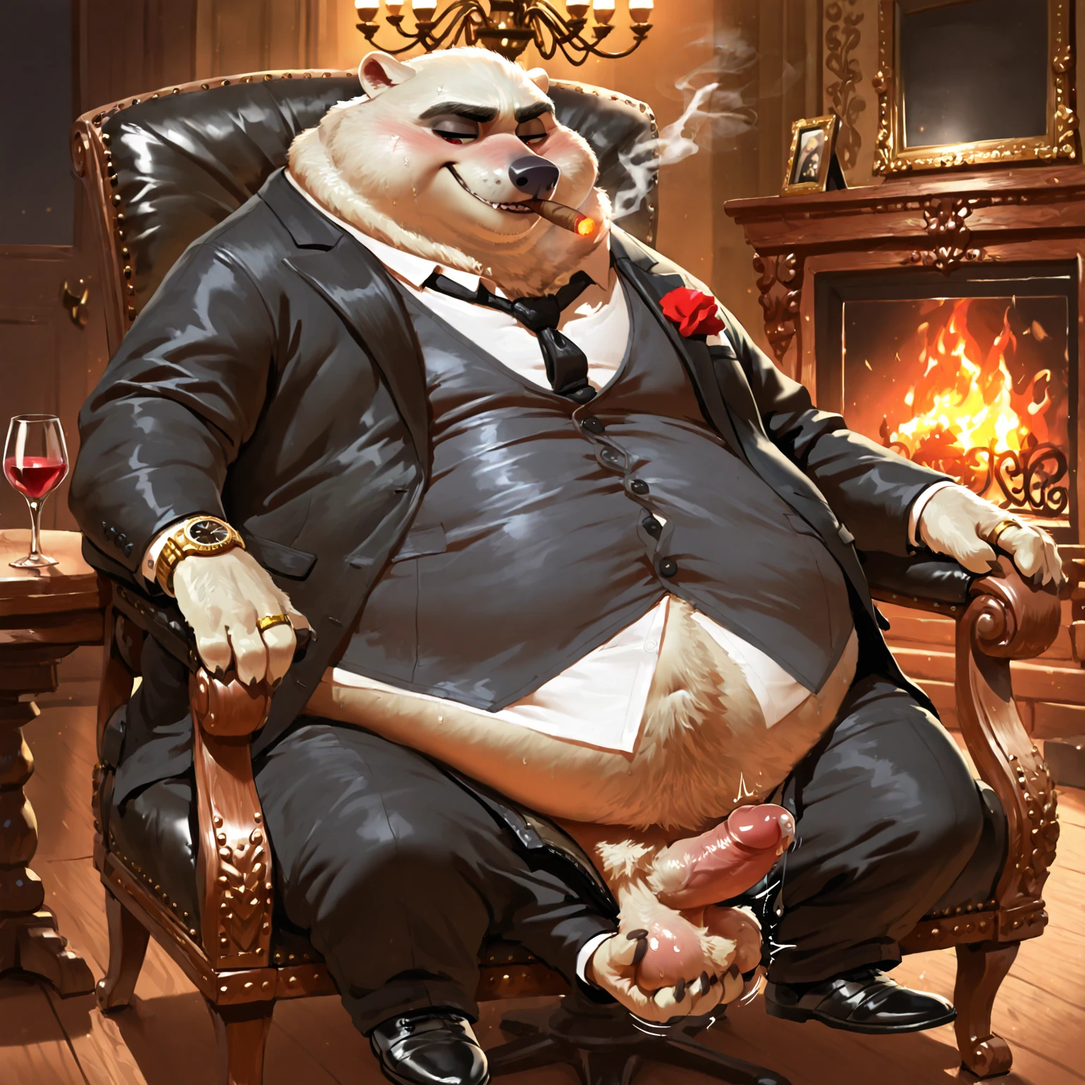 ((realistic)), upload on e621, by Garmash,Ruan Jia, darkgem, anthro, male, black, ((( detailed fluffy fur))), ((sitting)), detailed realistic painting, wearing a suit, no pants, (((biceped))), (((shaded))) extreme detail, ((Doberman)), dog penis, anatomically correct penis, lupine penis, penis, testicles, erection, cum, cumshot, excessive cum, huge erect penis, messy cum, cum everywhere, cum on suit, cum on face, cum on hands