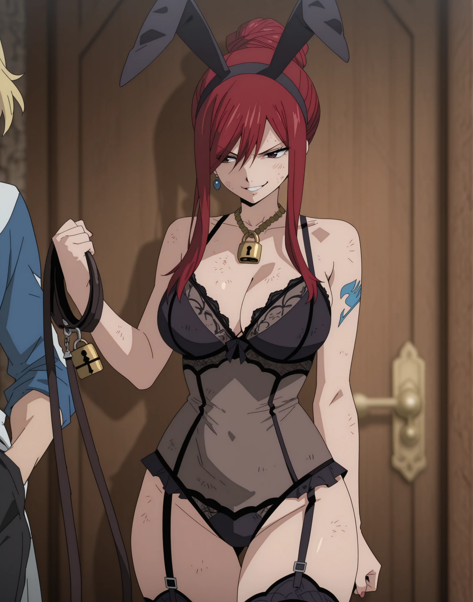 Irish girl in a black lingerie and high stockings, top-quality, anime realisitic, ultra-detailliert, Versatile sexy poses、long dark red hair, dark blue-eyed, slender, dynamic light and shadow, hight resolution, sharp focus, depth of fields, glow pupils. beautiful and sexy body, slender body, perfect body, in a very tight and very cute lingerie, cowboy shot, a room scene