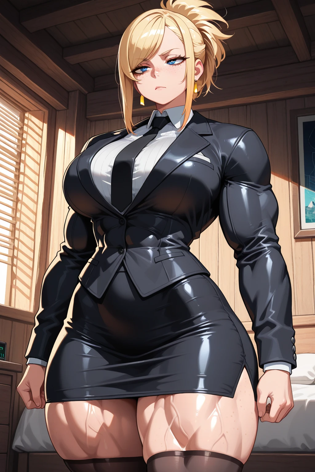samus aran, facing viewer, ponytail, large breasts, hair tie, black suit, black business outfit, necktie, (long pencil skirt:1.5), pantyhose, (standing straight:1.5), peeing herself, (wetting herself:1.5), very large peeing stain, huge pee stain, best quality, ultra-detailed, HDR, studio lighting, professional, vivid colors, sharp focus, physiologically-based rendering, bokeh, landscape, soft lighting, dynamic shadows, (hands on hips:2.0), embarrassed, humiliation, blushing, angry, tears, (desert:1.5), (sand:1.5), rocks, (canyon:1.5), (day:1.5), (daytime:1.5)