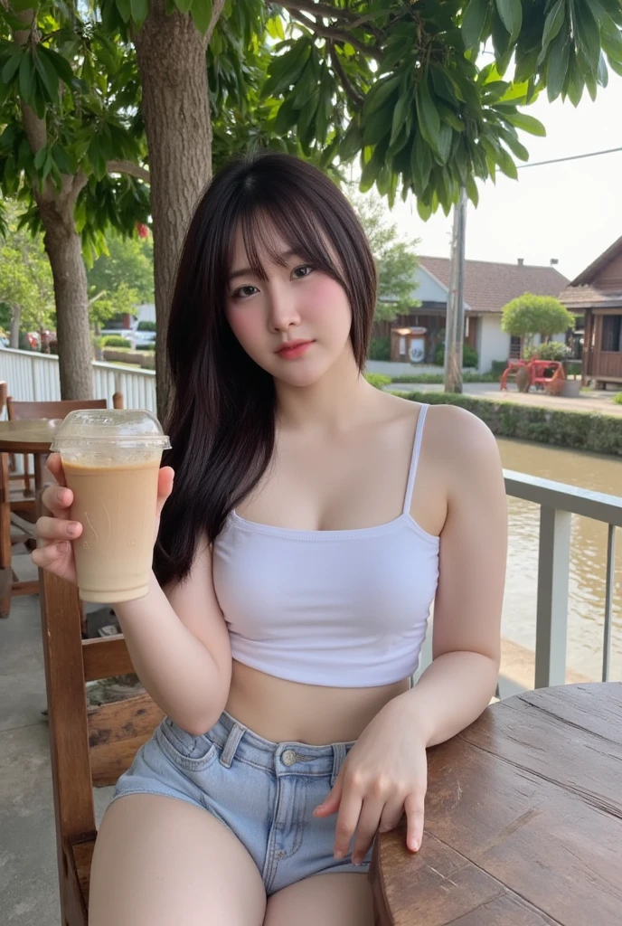 1girl , Indonesian student , 17 years old, short hair, brown skin , indonesian chinese mixed , selfie , Indonesian village background,