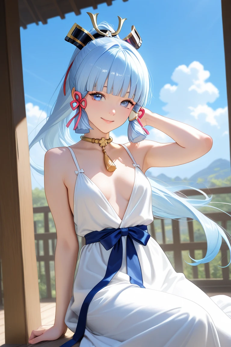 Masterpiece, high quality, 8k, ultra detail, ((kamisatoayakarnd)) standing, night,outdoors, (crop top), navel, (shorts), (off shoulders:1), choker, smile, armpit, (large breast), (nude arm)