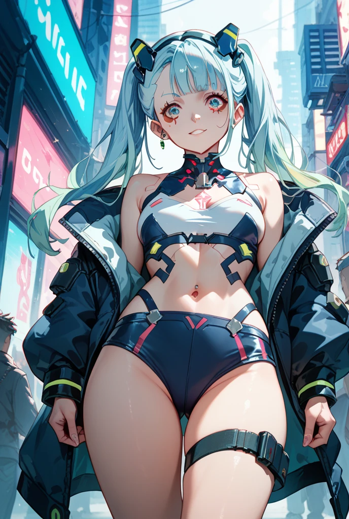 1 girl, clothes full of holes, ripped clothes, white panties, dynamic pose, colorful cityscape, whole body, smile, lower breasts, high legs