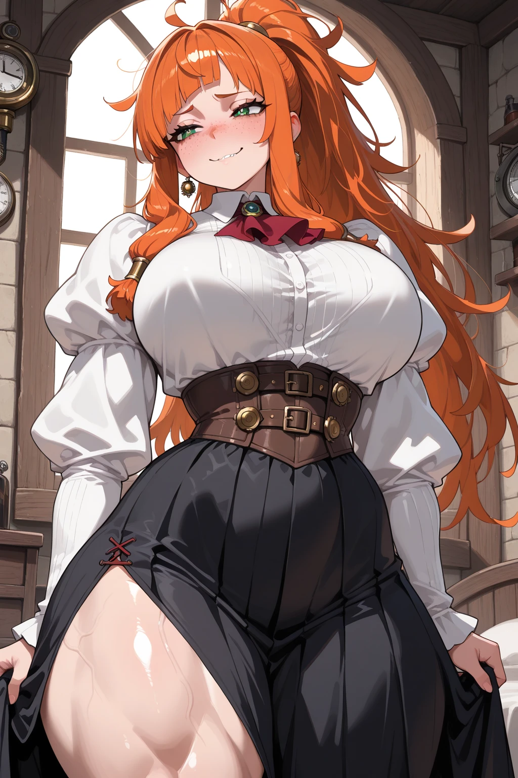 absurdres, 8k,( best quality, masterpiece:1.2), extremely detailed, highres, ultra-detailed, <lora:PennyPolendinaV2-1024:0.7>, (thin waist, thick thighs, :1.4) mechanical legs, Penny Polendina, curly hair, freckles, long hair, black bow, neck ribbon, corset, suspender skirt, white blouse, happy, <lora:venus body2:1> venusbody, 1girl, solo, ( gigantic breasts,:1.1), night sky background