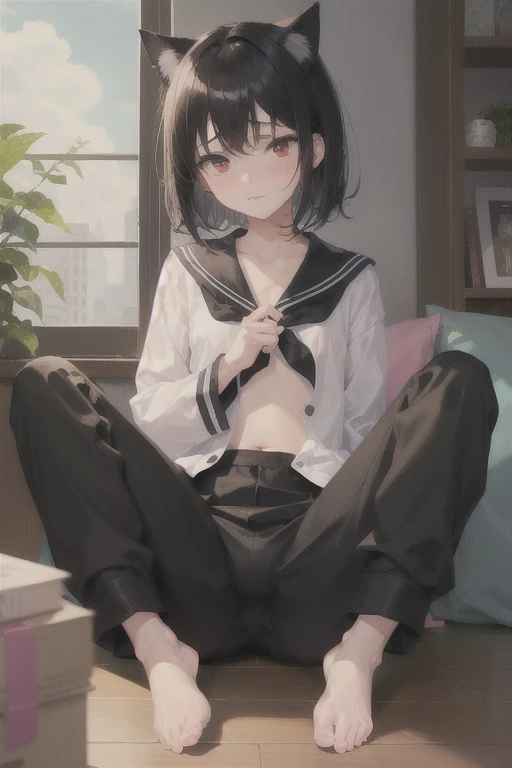 ((mejor calidad)), ((Obra maestra)), (detallado), cara perfecta, Joven de cabello negro largo y lacio, ojos rojos, pale skin, asian factions, 19 years, esbelta, busto mediano, bonitas curvas, estilo anime, elegante, only character in the image, red eyes, waiting for you, cute face, sexy, in love with the viewer, black hair, drunked, orgasm face, horny, white t-shir, wet, black panties, bedroom, wet clothes