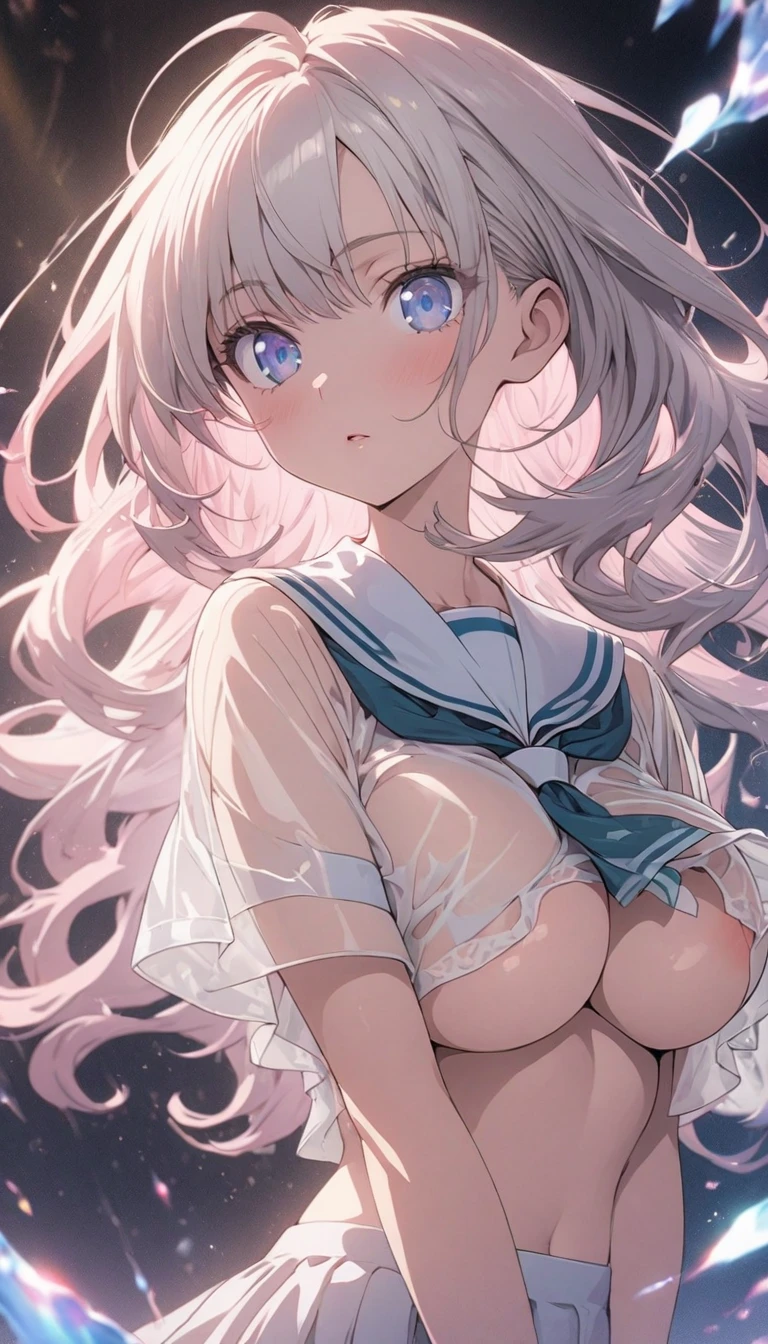 (masterpiece, Highest quality:1.3), (Super detailed:1.3), One girl, alone, (Gray Hair, Messy Hair, Long Hair),White swimsuit for school、Human Girl、Beautiful breasts、Are sleeping、pubic hair、Transparent nipples