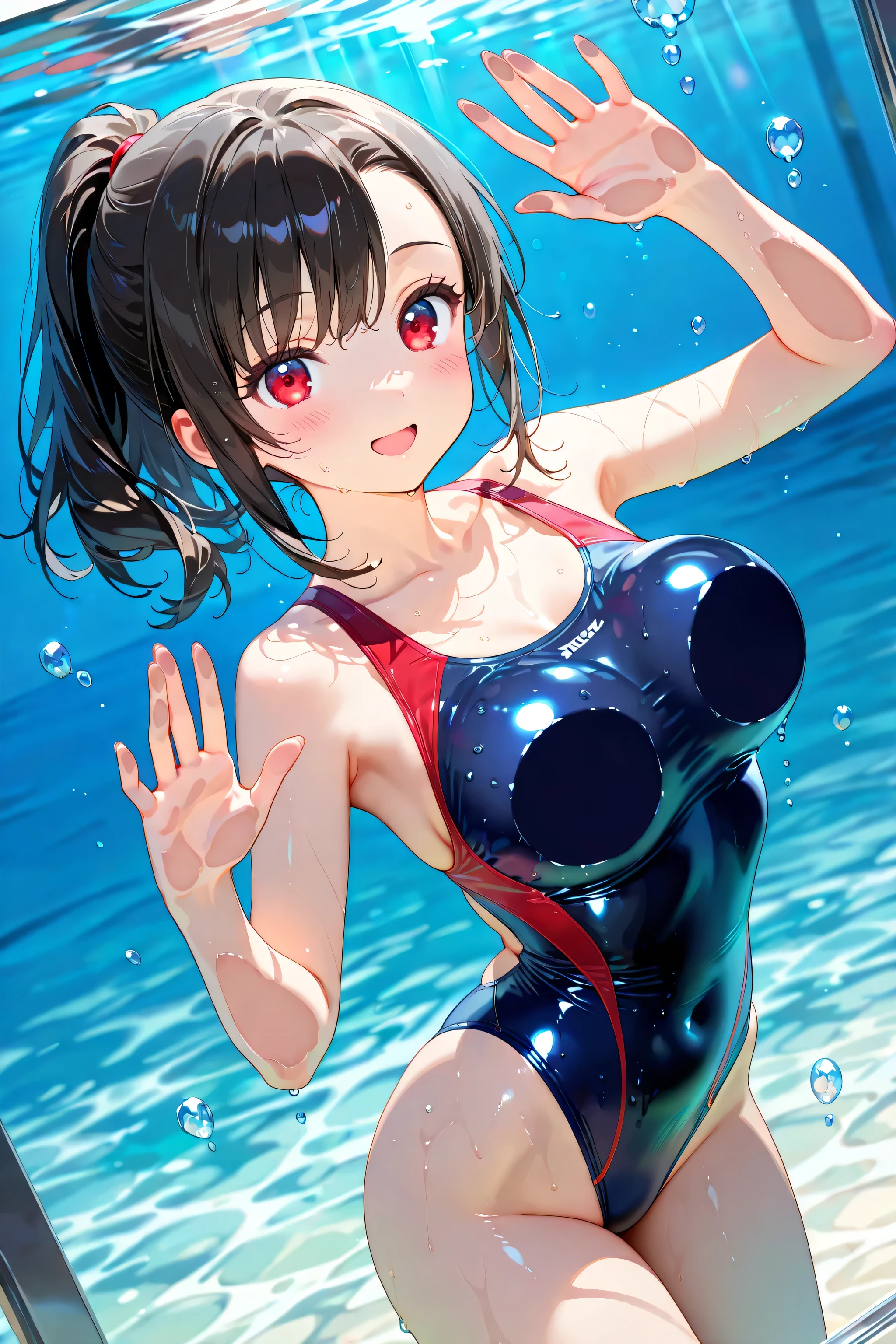 (pov Swimwear style) (beautiful body), (solo:2, 15 yo, blunt bangs:1.3 black hair long hair cute girl, sexy closed eyes, ecstasy smile, love mode, medium tits), (in a white and red Double exposure white one piece bustier swimsuit), break, in the Swimsuit contest venue, background detailed beautiful Coast, BREAK, perfect anatomy, masterpiece, best quality, 16k, beautiful detailed love, sexy, daydreaming expression.