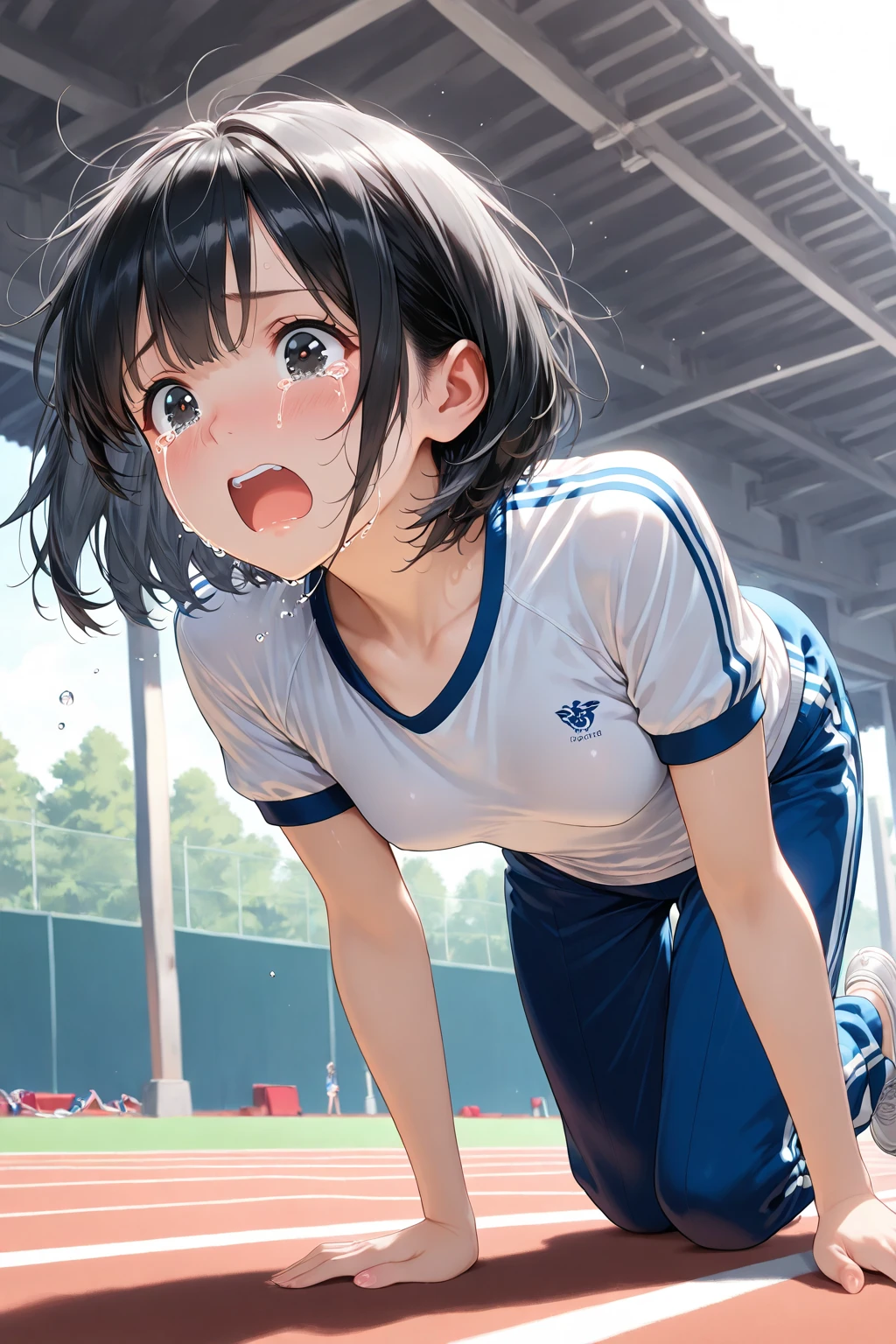 very cute and beautiful girl,(Very detailed美しい顔), (((Close-up shot of face、Open your mouth very wide、Sweating all over、White liquid))),blush,Black Hair,Seraphim,((short hair、Black Hair、Pink hair on the inside、Gal、Small breasts)),((Track & field athletes' uniforms)),((Reaching for the camera、Spread your legs、High angle、Dynamic Angle)), ((Small storage room in gymnasium、Dim lighting、vapor、Sigh、The expression of the limit)), (Highest quality,masterpiece:1.0),Absurd,High resolution,Super detailed,Very detailed,32k,8K resolution, Intricate details,Movie Scenes,Detailed Background,alone,Dynamic Angle,