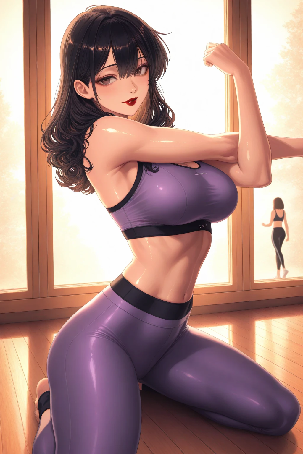 extremely delicate and beautiful, Amazing, finely detail, masterpiece, ultra-detailed, highres,best illustration, best shadow,intricate,sharp focus,  high quality, Megara, Megara from Disney, solo, long brown hair, curvy, milf, (giant breasts), sexy body, genshin impact, sports bra, yoga pants, cutesexyrobutts style