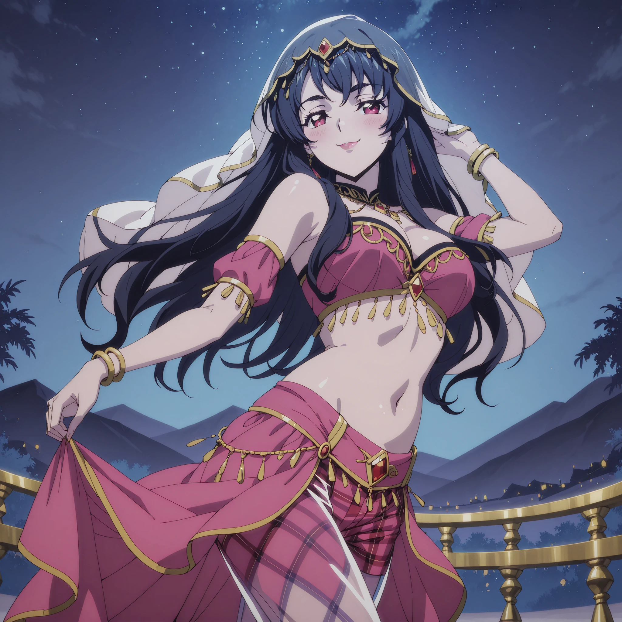 1girl:1 . 5) , (Seul:1 . 5) , score_9 , score_8_haut , score_7_haut , source_anime , Official work , ultra-detailed , masterpiece , best quality plaid shorts , high res , beaux yeux , detailed eyes , Detailed Face , beautiful detailed eyes ,Cardfight Vanguard Divinez, Seto Tomari , Arabian Clothes , Arabian Dancer ,belly dancer costume , face veil, veil , golden jewelery,harem outfit, harem skirt, transparent pants, belly dancing, harem veil , night , arabian garden , seductive smile, dancing with veil, dynamic movement, seductive pose