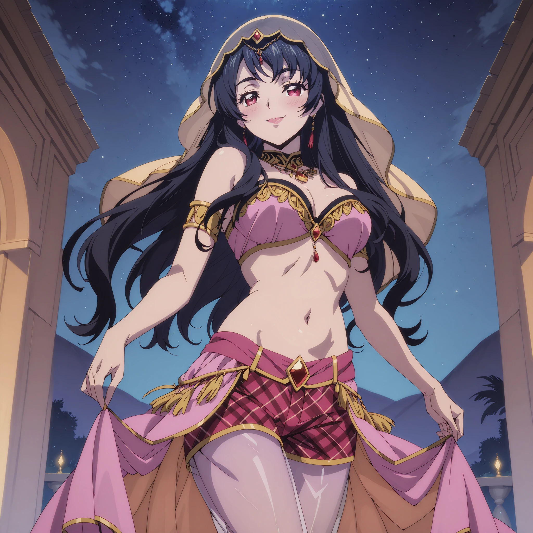 1girl:1 . 5) , (Seul:1 . 5) , score_9 , score_8_haut , score_7_haut , source_anime , Official work  , ultra-detailed , masterpiece , best quality plaid shorts , high res , beaux yeux , detailed eyes , Detailed Face , beautiful detailed eyes ,Cardfight Vanguard Divinez, Seto Tomari , Arabian Clothes , Arabian Dancer ,belly dancer costume , face veil, veil , golden jewelery,harem outfit, harem skirt, transparent pants, belly dancing, harem veil , night , arabian garden , seductive smile, dancing with veil, dynamic movement, seductive pose