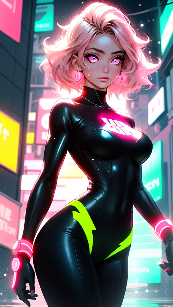 ((Best quality)), ((masterpiece)), (detailed: 1.4), (Absurd), Tank pilot woman ready for war, shiny skin, perfect body, defined muscles, half-thick bare thighs, closed mouth, only in panties, (((include stars throughout the outfit))), muscular body covered by yellow tech star outfit, Neon Genesis Evangelion style and masamune shirow girls, cyberpunk, generous neckline, ((perfect large breasts)), (well-outlined green eyes without pupils), ((long and very black eyelashes)), (((dark yellow clothing))), (misaligned purple and white hair), (((rot rod flames covering the breasts))), (Cosmic tattoo on the arms), short underwear, garter belt, by mucha, niji --V5, close to real, psychopath, crazy face, sexy pose, 2 piece clothing, pastel, centered, scale to fit the dimensions, HDR (High Dynamic Range),Ray Tracing,NVIDIA RTX,Super-Resolution,Unreal 5,Subsurface Dispersion, PBR Texture, Post-processing, Anisotropic filtering, Depth of field, Maximum clarity and sharpness, Multilayer textures, Albedo and specular maps, Surface shading, Accurate simulation of light-material interaction, Perfect proportions, Octane Render, Two-tone lighting, Wide aperture, Low ISO, White balance, Rule of thirds, 8K RAW, crysisnanosuit