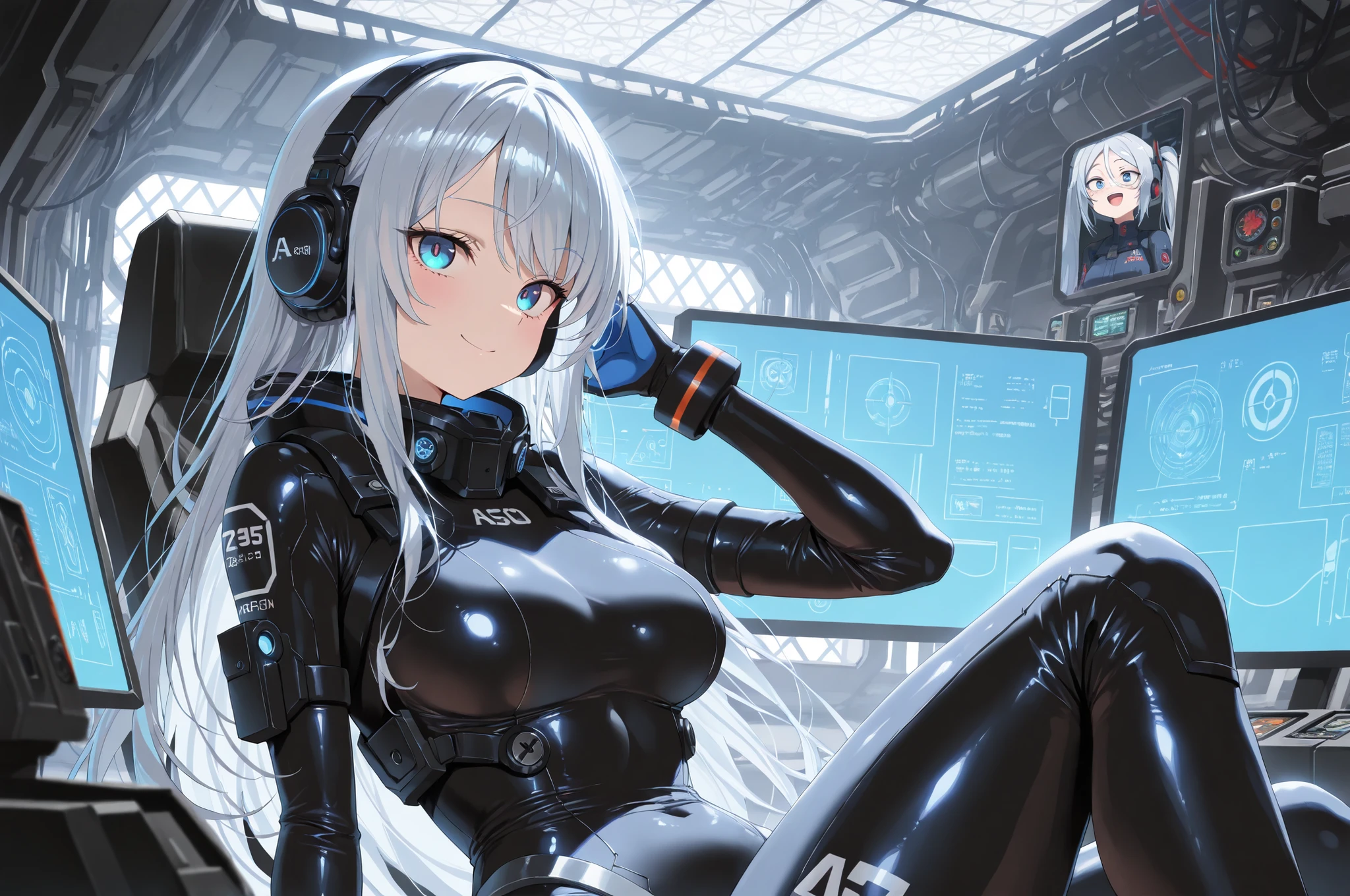 （Equestrian machine):1.3、乗馬マシーンにstraddle、straddle:1.3,Tubes and cables、holds the smartphone in her hand、(Interior of white cyberpunk futuristic space station)、1 girl、solo、full body painting、chest、Sweat、tears、heart-shaped pupil、Ahegao、Steamed body、(blue and black bodysuit):1.2、(Futuristic latex bodysuit space suit):1.1,headphone、V arm、(blush:1.3)